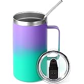Volhoply 24oz Insulated Coffee Mug with Lid and Straw, Stainless Steel Travel Mugs with Handle, Double Wall Vacuum Leak Proof Coffee Tumbler Cup (Purple Green,1)