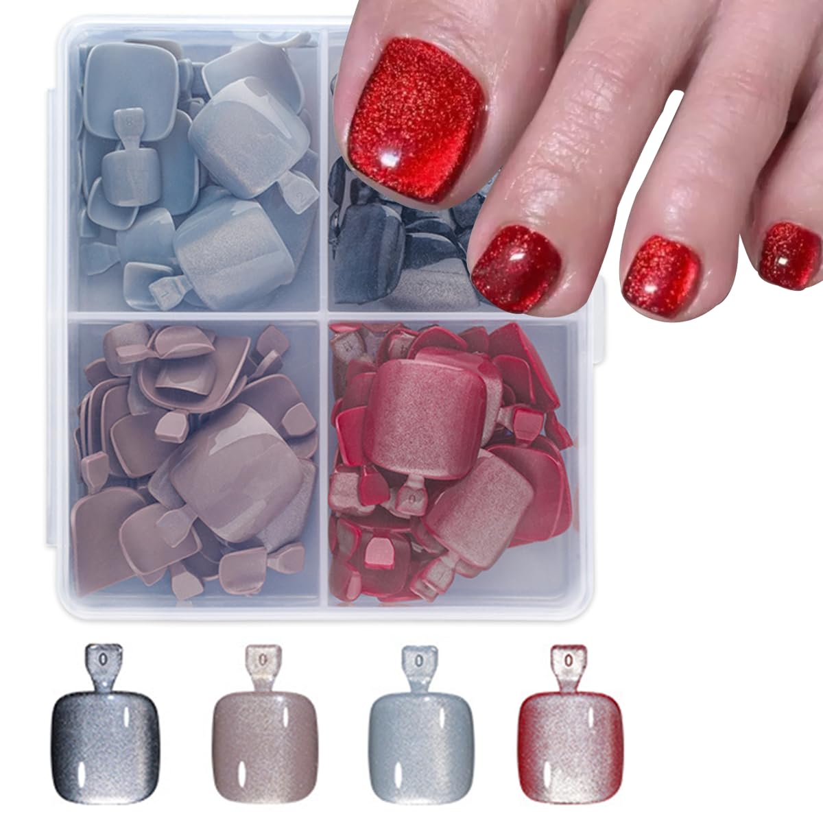Photo 1 of 120Pcs Press on Toenails, 4 Colors Cat Eye Press On Toe Nails Short Square Fake Toe Nails Shiny Glitter Toe Press Ons for Women & Girls, Glossy Toe Fake Nails for Women Manicure