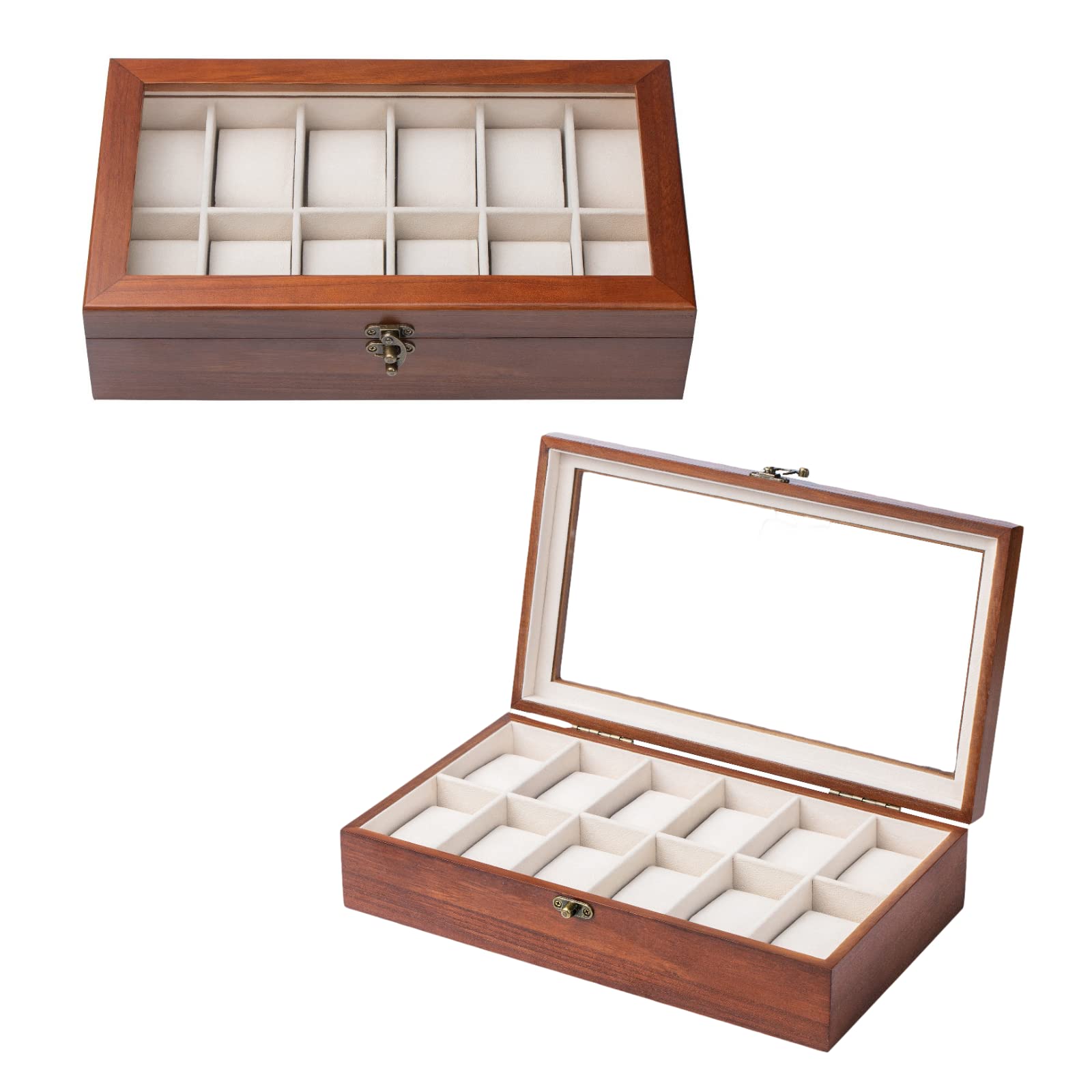 Exper City Watch Box, Watch Case for Men Women with Large Glass Lid, Wooden Watch Display Storage Box with 12 - Slots, Classic Walnut Mens Watch Box Organizer