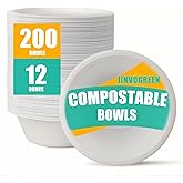JINVOGREEN 200 Count 12 oz Paper Bowls, Disposable Compostable Bowls Bulk, Heavy Duty Biodegradable Bagasse Bowl for Snacks, Soup, and Salads, White