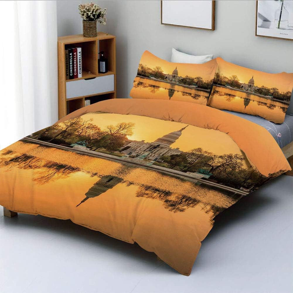 Duplex Print Duvet Cover Set Full Size,Washington DC American Capital City White House above the Lake LandscapeDecorative 3 Piece Bedding Set with 2 Pillow Sham,Apricot Ginger,Best Gift For Kids & Adu