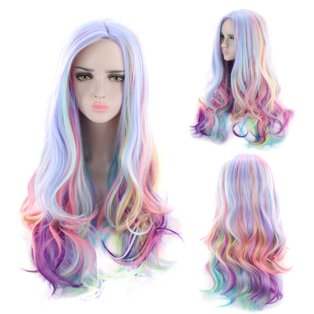 Beaupretty Cosplay Hair Wig Long Wavy Curly Wig Synthetic Rainbow Heat Resistant Curly Full Hair Wig for Halloween