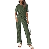 Ekouaer Lounge Sets for Women Waffle Knit Womens Pajama Sets 2 Piece Pjs Sets with Pockets Short Sleeve Top Long Pant