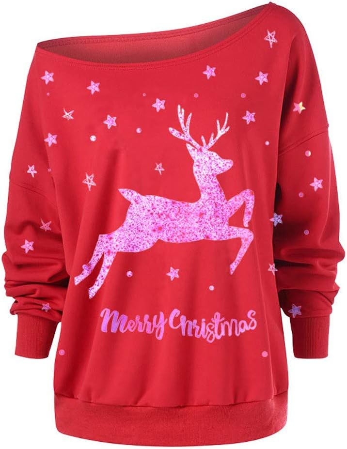SMILEQ Top Women Christmas Blouse Elk Print Loose Pullover Long Sleeve Tops Off Shoulder Sweatshirt