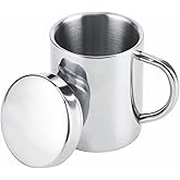 HERCHR Stainless Steel Coffee Mug With Lid And Handle 7.5oz/220ml Unbreakable Metal Cup Double Wall Camping Cup Travel Coffee Mugs Shatterproof Tea Cup Camping Mug Stainless Steel Cup