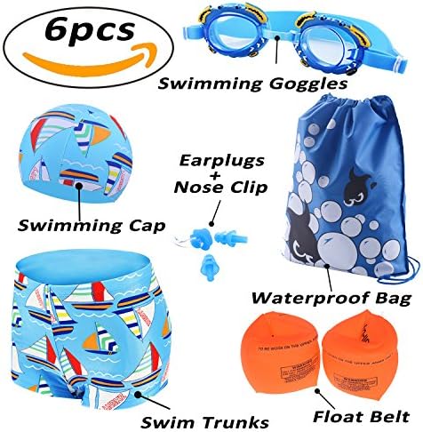 6pcs Boys Swimsuits Set with Swim Trunks Cap Goggles Float Belt Earplugs Waterproof Bag Swimwear