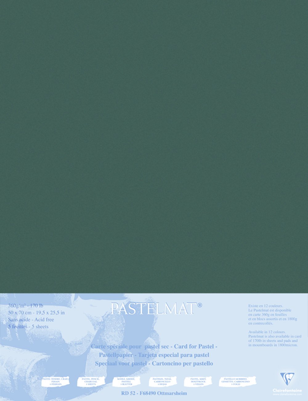 Clairefontaine - Ref 496009C - Pastelmat Mounted Board (5 Sheets) - 1800 Microns - 50 x 70cm - Anthracite Colour - Specially Formulated For Use With Pastels
