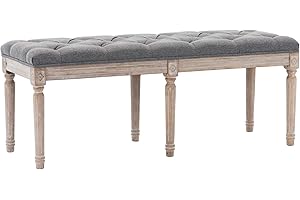 Kmax Upholstered Dining Room Bench, Rustic Living Room Ottoman Bench with Carved Pattern & Rustic White Brushed Rubber Wood Legs, Gray