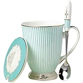 YBK Tech Euro Style Porcelain Tea Cup Coffee Mug with Lid for Breakfast Home Kitchen ((Blue Stripe Pattern) (Blue))