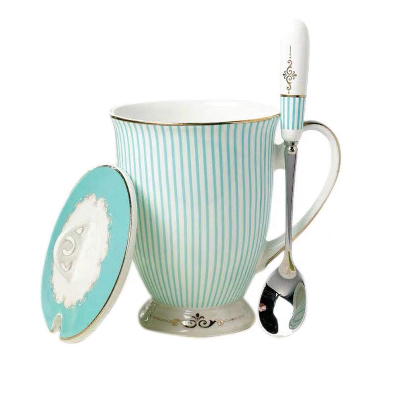 Eplze YBK Tech Euro Style Porcelain Tea Cup Coffee Mug with Lid for Breakfast Home Kitchen ((Stripe Pattern) (Cyan))