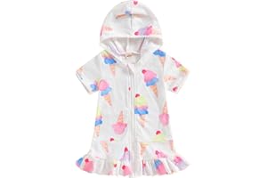 Licupiee Girls Hooded Zip Terry Coverups Swimsuit Kids Baby Girl Floral Print Short Sleeve Swim Cover-Up Swimwear