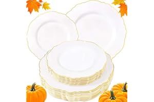 WDF 60pcs White and Gold Plastic Plates - Baroque White With Gold of 30 Heavy Duty Gold dinner plates 10.25inch, 30 Salad Plates 7.5inch Perfect for Thanksgiving Weddings/Party/Birthday