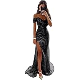 Women's Sequin Prom Dresses with Slit Off The Shoulder Evening Gown Sparkly Mermaid Evening Party Dress