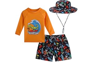 RUOGU Baby Boys Swimsuit, 3-Piece Toddlers Swimsuit Trunk Long Sleeve Rashguard Swimwear and Sun Hat Set