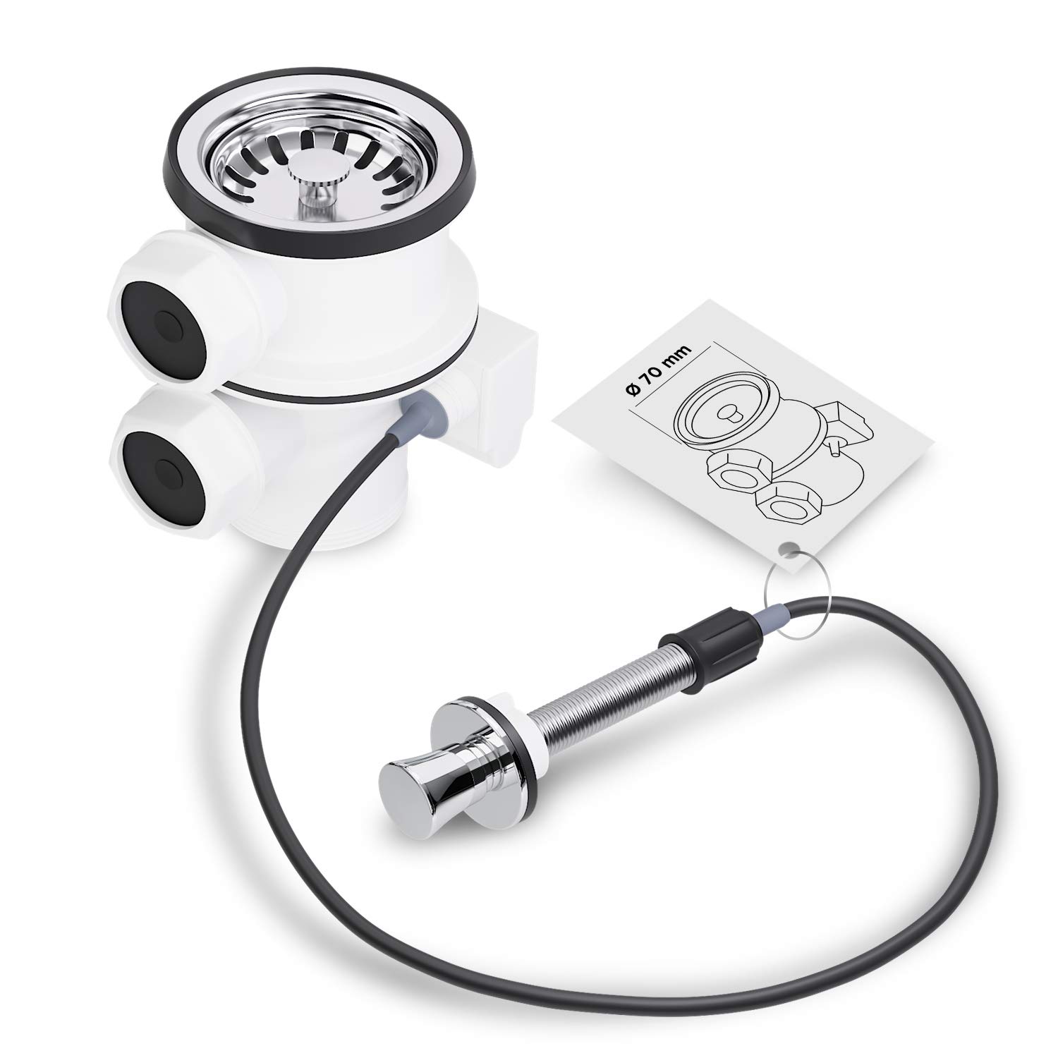 AQUADE Strainer Basket Valve, Diameter 70 mm, Eccentric Fitting, 1 inch Connection for Overflow