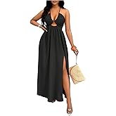 OYOANGLE Women's Halter High Slit Long Dress Cut Out Criss Cross Ruffle Sleeveless Flowy Dresses