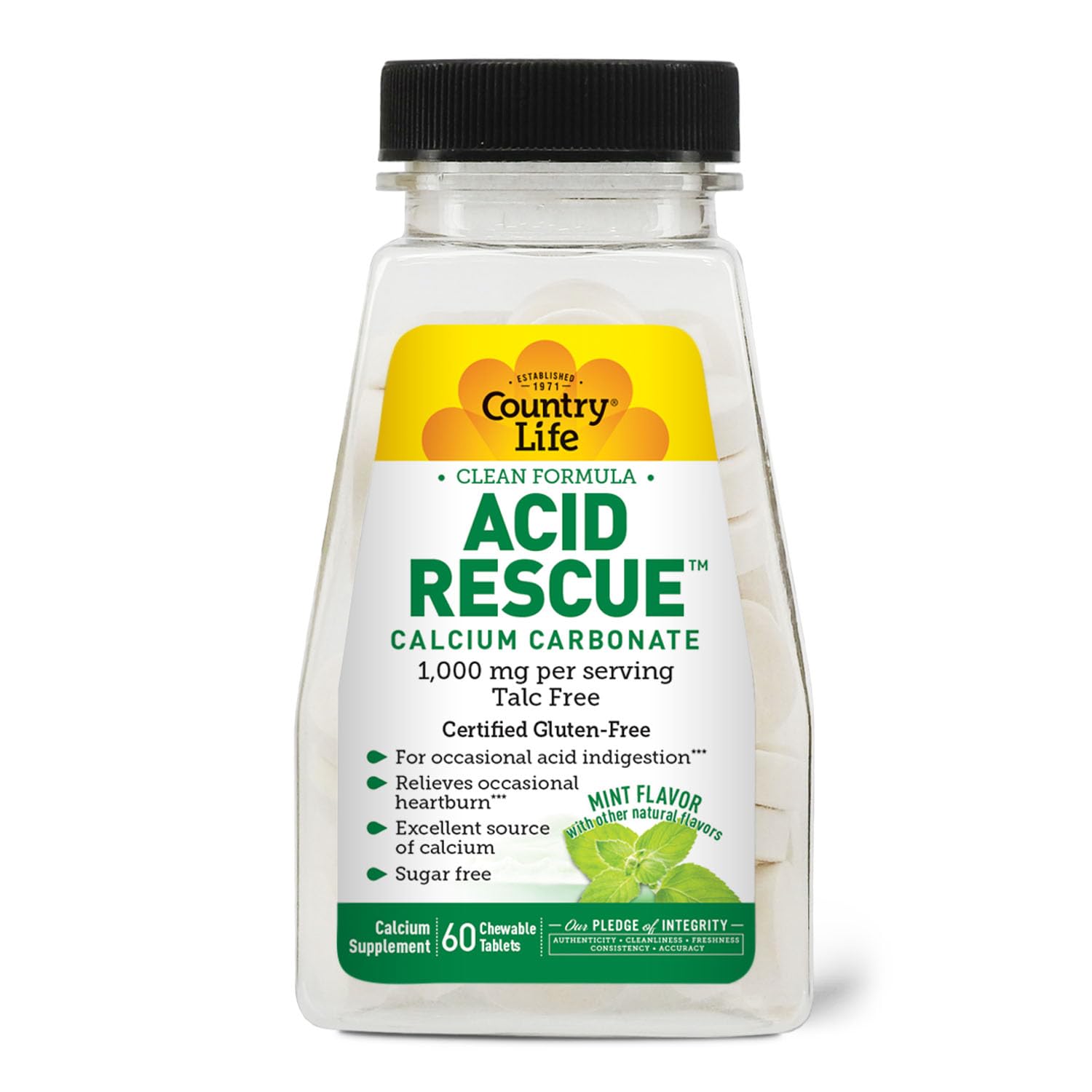 Country Life Acid Rescue Chewable Tablets - Certified Vegan & Gluten-Free Heartburn Relief, 400mg Calcium & Magnesium, Non-GMO, Sugar-Free Mint Flavor, Supports Bone Health, 60 Count