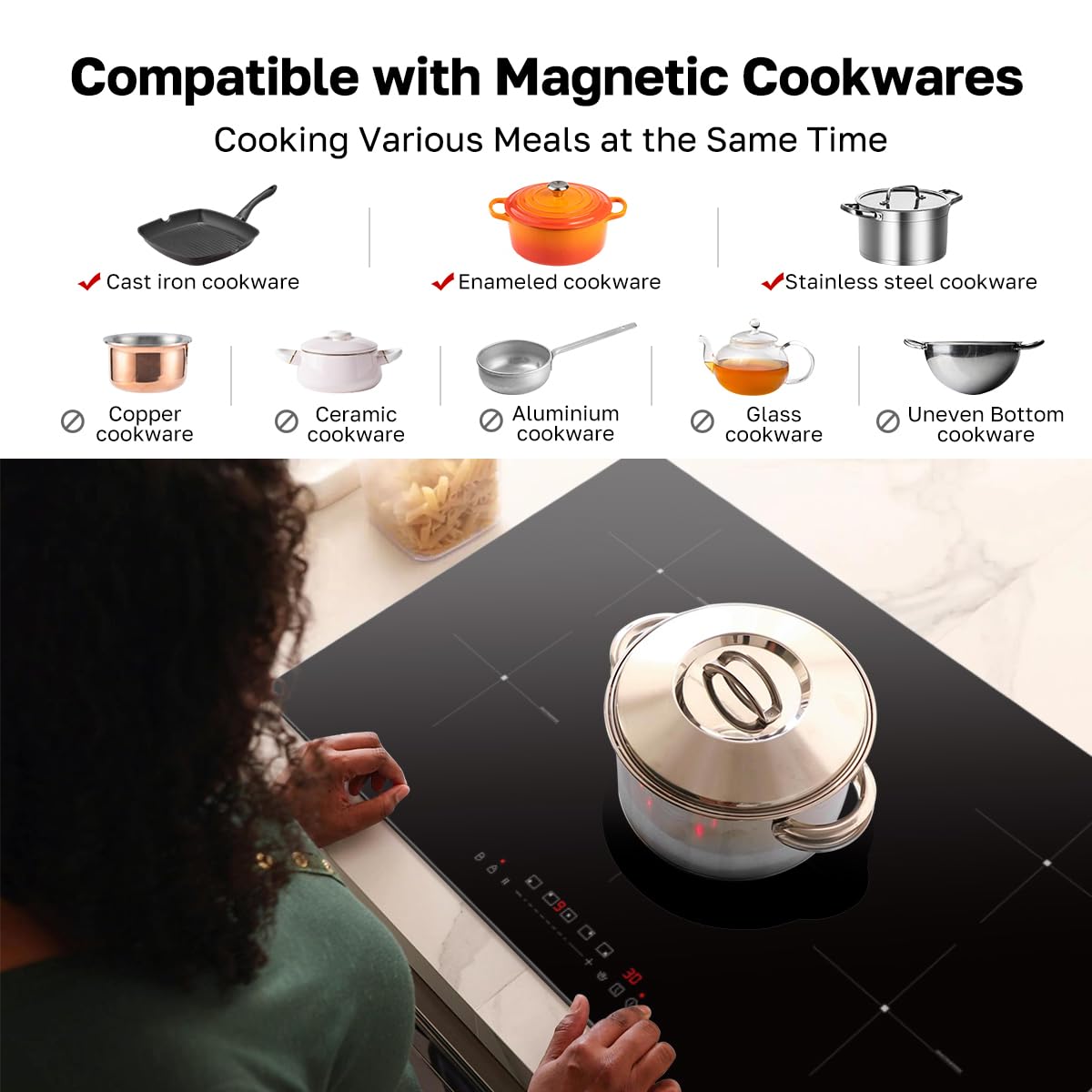 thermomate 36 Inch Induction Hob Electric Cooktop, 9800W Built in Induction Stove Top with 5 Boost Burners, 9 Heating Levels, Timer & Child Safety Lock, Sensor Touch Control, 240V