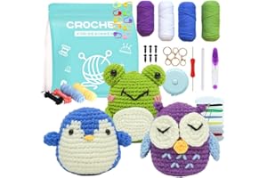 AMSZKE Beginner Crochet Kit for Adults - 3Pcs Animals Frog, Owl, Penguin, Amigurumi Crochet Starter Kit, Knitting Kit for Kids with Step-by-Step Video Tutorials and Enough Yarns, Hook, Accessories
