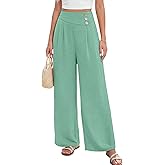 EVALESS Womens High Waisted Button Pleated Wide Leg Pants Beach Vacation Trouses