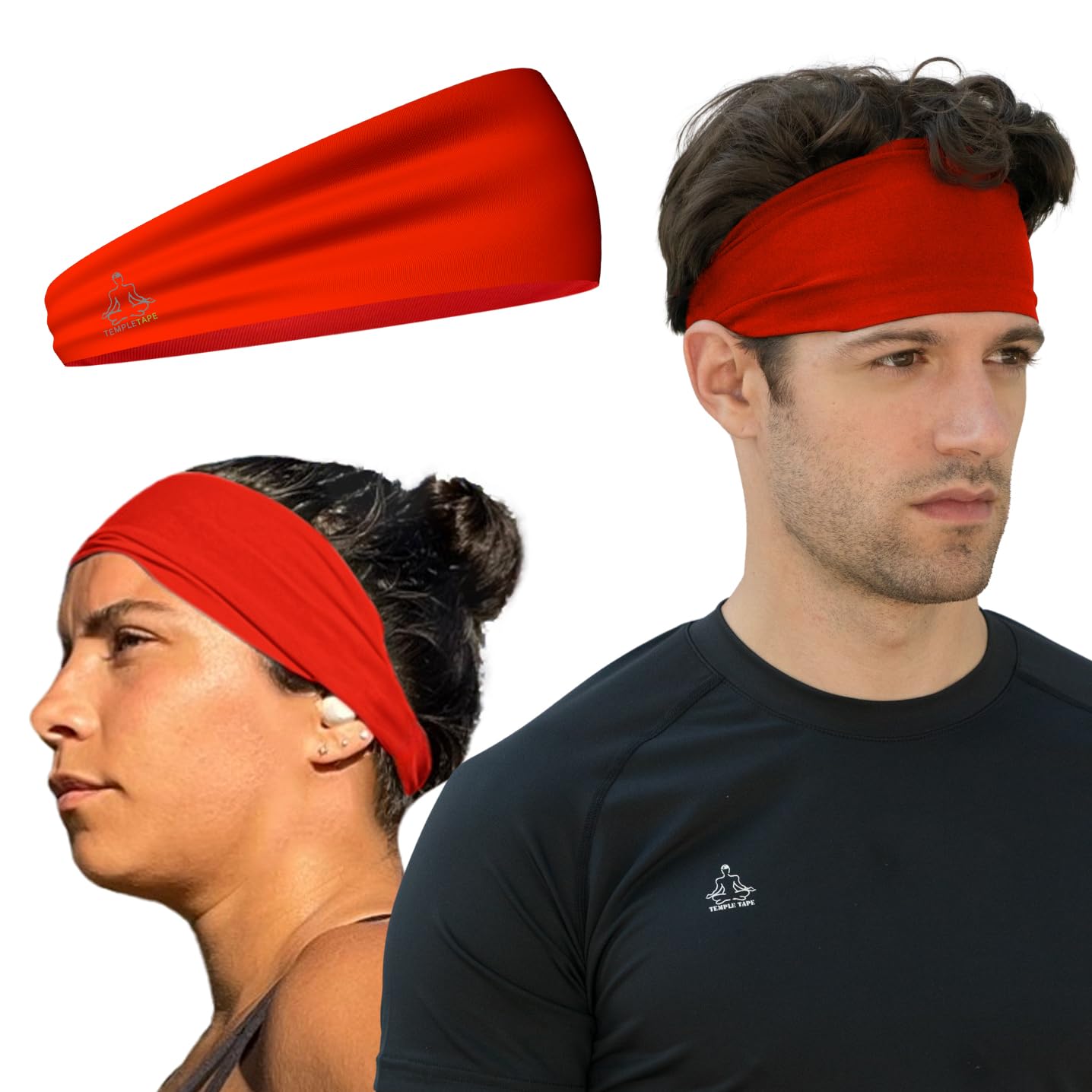Temple Tape Headbands for Men and Women - Mens Sweatband & Sports Headband Moisture Wicking Workout Sweatbands for Running, Cross Training, Yoga and bike helmet friendly - Red