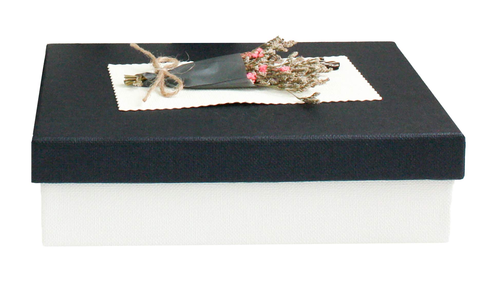 Emartbuy Rigid Luxury Rectangle Shaped Presentation Gift Box, 23 cm x 17 cm x 6.5 cm, White Box with Black Lid, Chocolate Brown Interior and Dried Flower Decoration