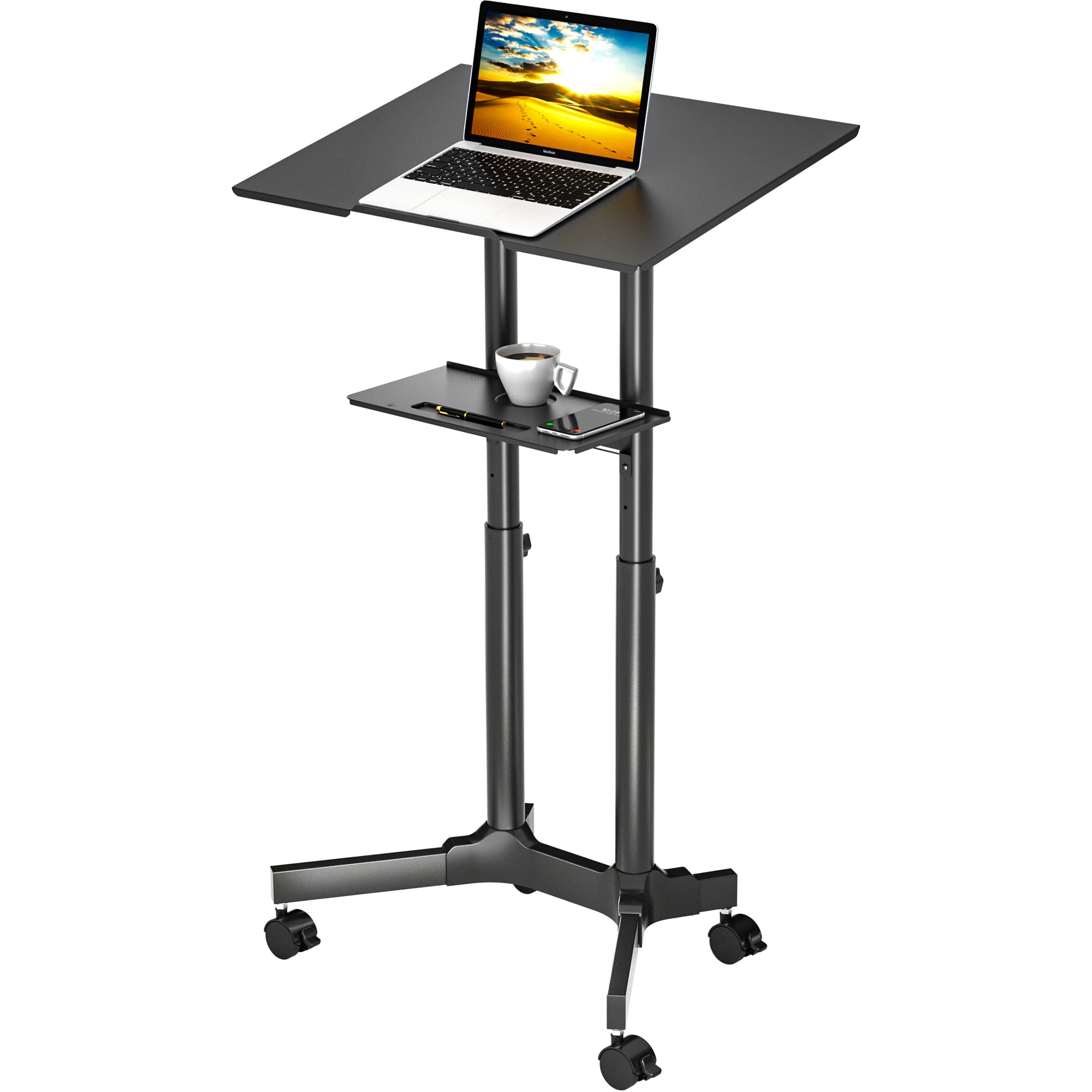 BONTEC Adjustable Mobile Laptop Desk, Rolling Stand-Up Desk with Wheels, 60x40 cm Height Adjustable, Portable Podium, Ergonomic Tilted Top Platform, Mobile Workstation for Home Office