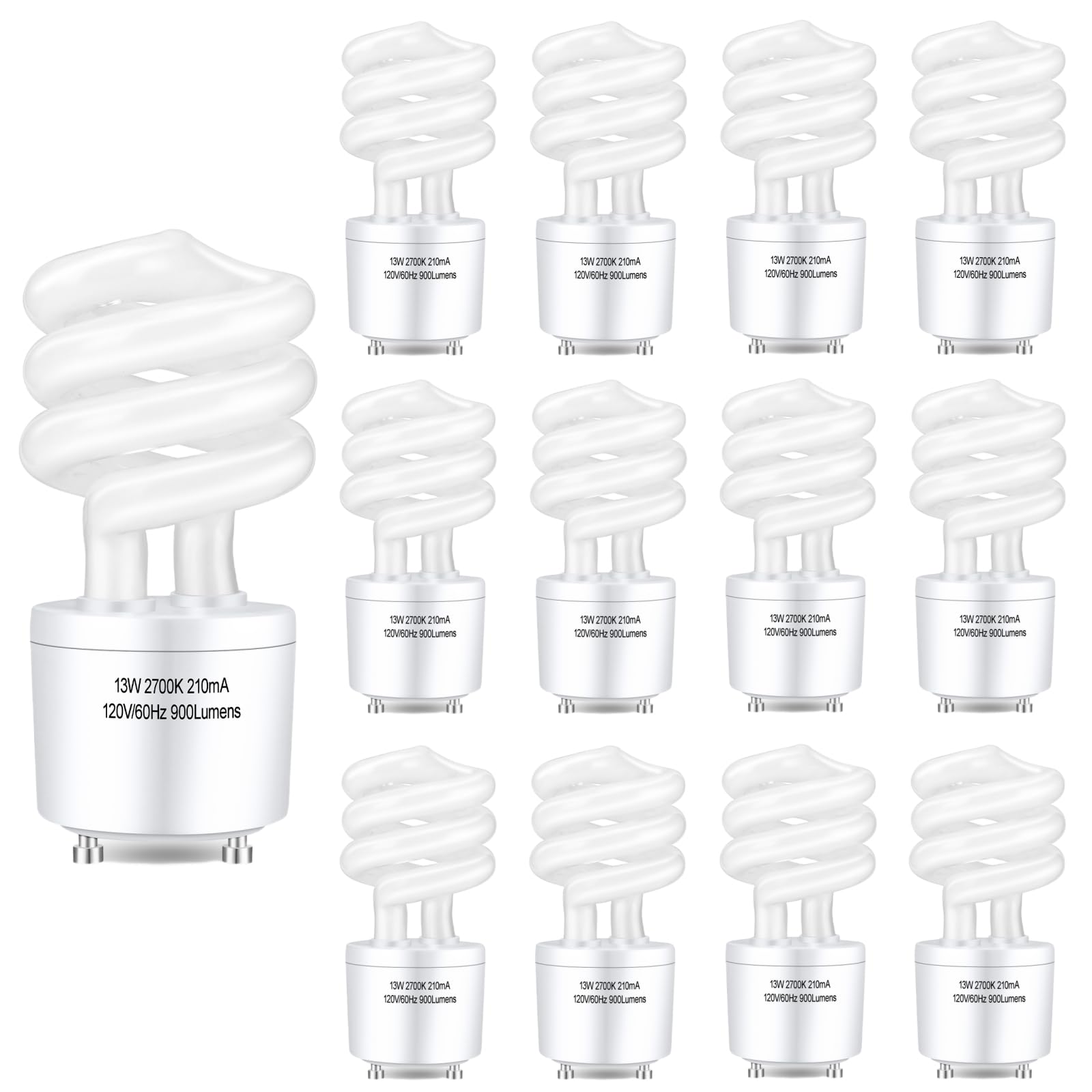 Photo 1 of Winkcao CFL Light Bulbs GU24 Base, T3 Spiral 13Watt (60Watt Equ) Soft White 2700K 900lm Compact Fluorescent Light Bulbs, UL Approved, 120v 60Hz, Self Ballasted CFL Bulbs, Pack of 12