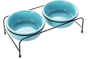 GDCZ Porcelain Raised Cat Bowls with Heighten Metal Stand and Non Slip Bottom for Pet Food and Water Dishes, 15 Ounces (Turquoise)