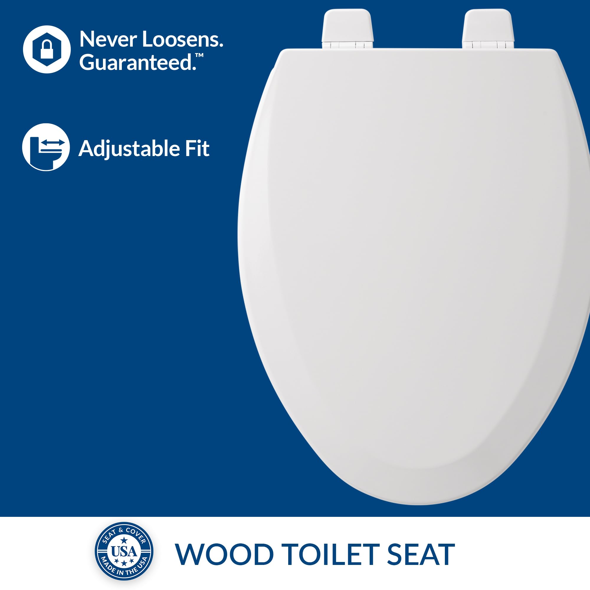 Bemis 1500TTT Durable Wood Toilet Seat, Secure Hinges Stay Tight, Made in USA, Elongated, White