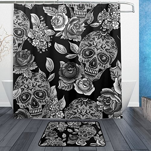 Sugar Skull Dia De Los Muertos Waterproof Polyester Bathroom Shower Curtain Set for Home Decor with Hooks,66W X 72L Inches