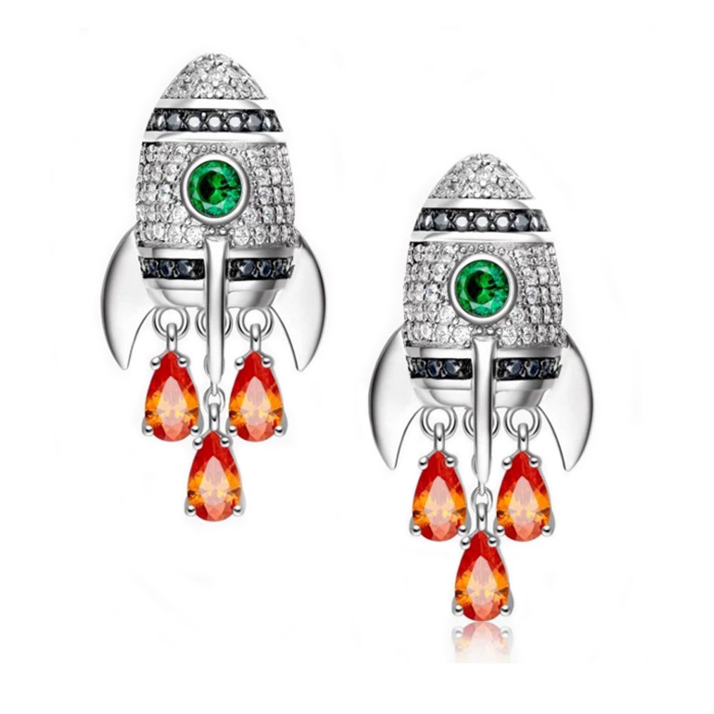 Helen de Lete Rhinestone Rocket 925 Sterling Silver Earrings (Orange)