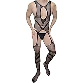 Men's Sexy Lingerie, Fishnet Bodysuit with Cut-Outs, Hollow Design, Black Lace Feminine Underwear