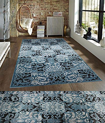 LA Interiors Persian Traditional Transitional Brand New Multi Color Blue Teal White Black Grey Floral Leaf Pattern Polyester Rug Carpet Area Rug (8x10 Feet)
