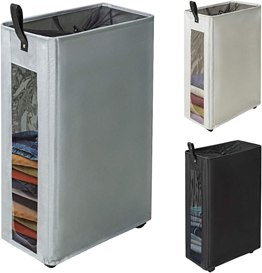 ZERO JET LAG 27 inches Slim Laundry Hamper rolling Large Tall Laundry Basket on Wheels Clear Window Visible Dirty Clothes Hamper Thin Clothes Storage Standable Corner Bin Handy 16"×8.5"×25" Grey