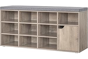 DINZI LVJ Shoe Bench, Entryway Storage Bench with Door and 10 Cubbies, Cubby Shoe Rack with Adjustable Shelves, Shoe Organizer Cabinet for Living Room, Bedroom, Mudroom, Closet and Garage, Greige