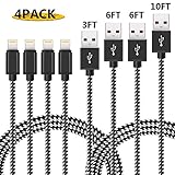 Lightning Cable, Basse 4 Pack [3FT 6FT 6FT 10FT] Nylon Braided Charging Cable Lightning to USB Charge Cord for iPhone X/8/8 Plus/7/7 Plus/6s Plus/6s/iPad/iPod and More (Black White)