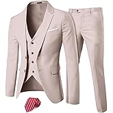 Hihawk Men’s 3 Pieces Suit, Slim Fit Tuxedo with Two Buttons, Jacket Vest Pants & Tie Set for Party, Wedding and Business
