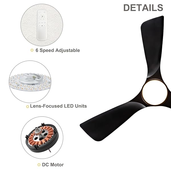 XBIBI 42 INCH FLUSH MOUNT CEILING FANS WITH LIGHTS, MODERN LOW PROFILE CEILING FAN WITH LIGHT AND REMOTE CONTROL, REVERSIBLE, NOISELESS, BLACK CEILING FAN FOR OUTDOOR INDOOR