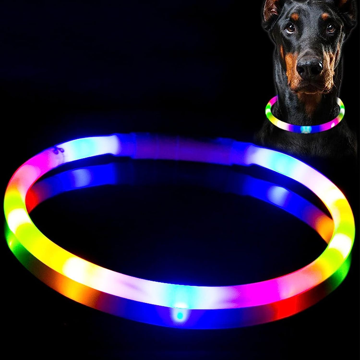 Dog Collar Light with 3 Colorful Flashing Modes, USB Rechargeable LED Dog Collar Light Up Collar Improved Pet Safety & Visibility at Night, Water-Resistant Dog Dark Collar One Size Fits All