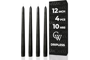 CANDWAX 12 inch Taper Coal Black Candles — Slow Burning Unscented Smokeless Dripless Tapered Candle Set of 4 — Perfect for Gothic Parties and Halloween Gatherings (Packaging May Vary)