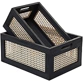 HODAKJUE Wood Baskets, Rattan Storage Baskets for Organizing, Black, Set of 2