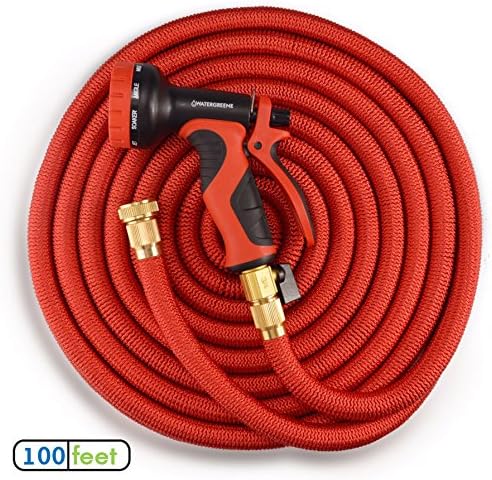 Watergreene Premium Red 100' Expandable Flexible Garden Hose, Light Weight - Includes Spray Gun and Brass Connectors - Expands to 100 Feet Long with Full Guarantee