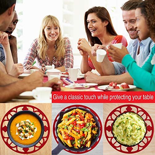 Silicone Trivets Set For Hot Dishes | Modern Kitchen Hot Pads For Pots & Pans | Fleur De Lis Design (Symbol of Royalty) Mimics A Cast Iron Trivet (7.5” Round, Set of 3, Coral Red) - Thumbnail 6