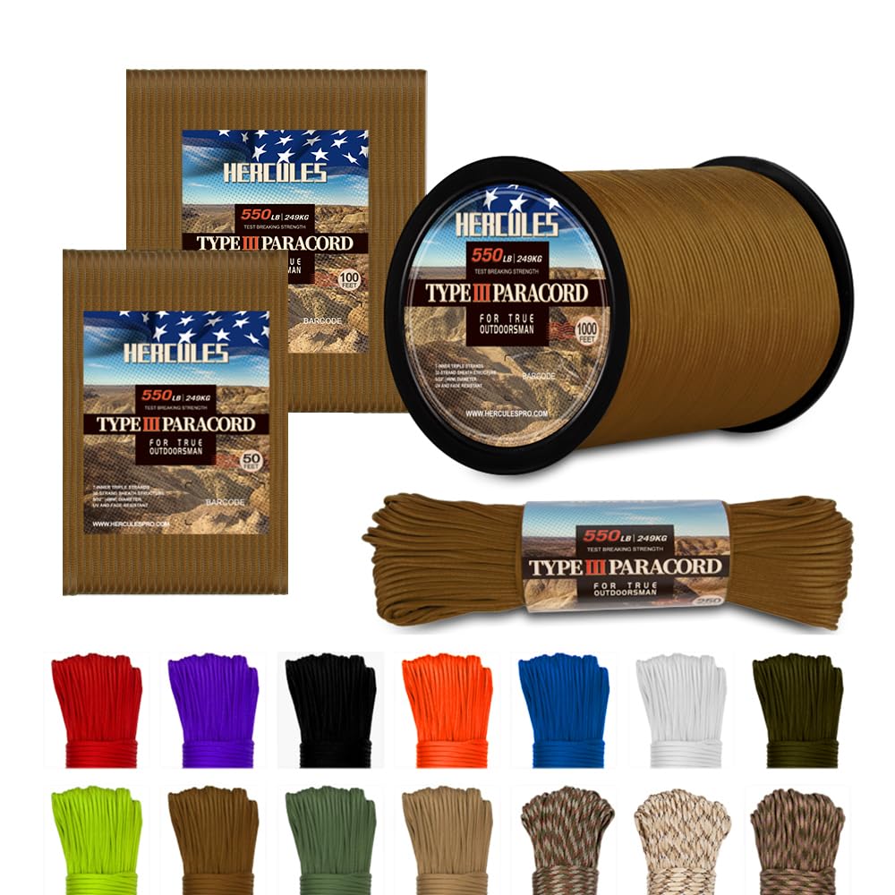 HERCULES 550 Paracord 4mm Type III 7 Strands Parachute Cord, 100' Coyote Brown Utility Rope for Crafting, DIY, Camping, Survival, Outdoor