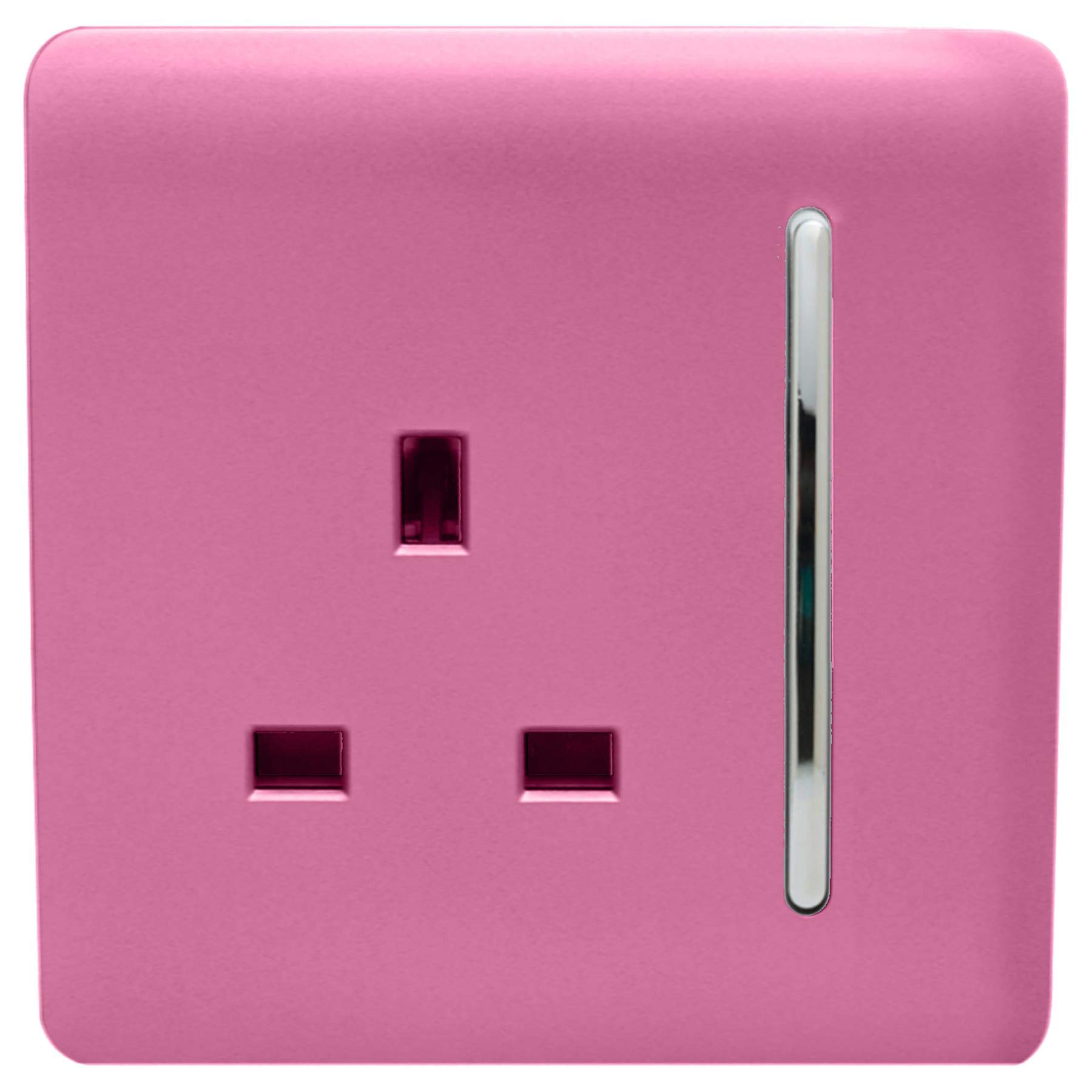 Trendi 1 Gang Raised Artistic Modern Glossy Screwless 13 Amp Single Pole with Chrome Switched UK Standard Electrical Double Wall Plug Socket in Candy Pink - ART-SKT13PK