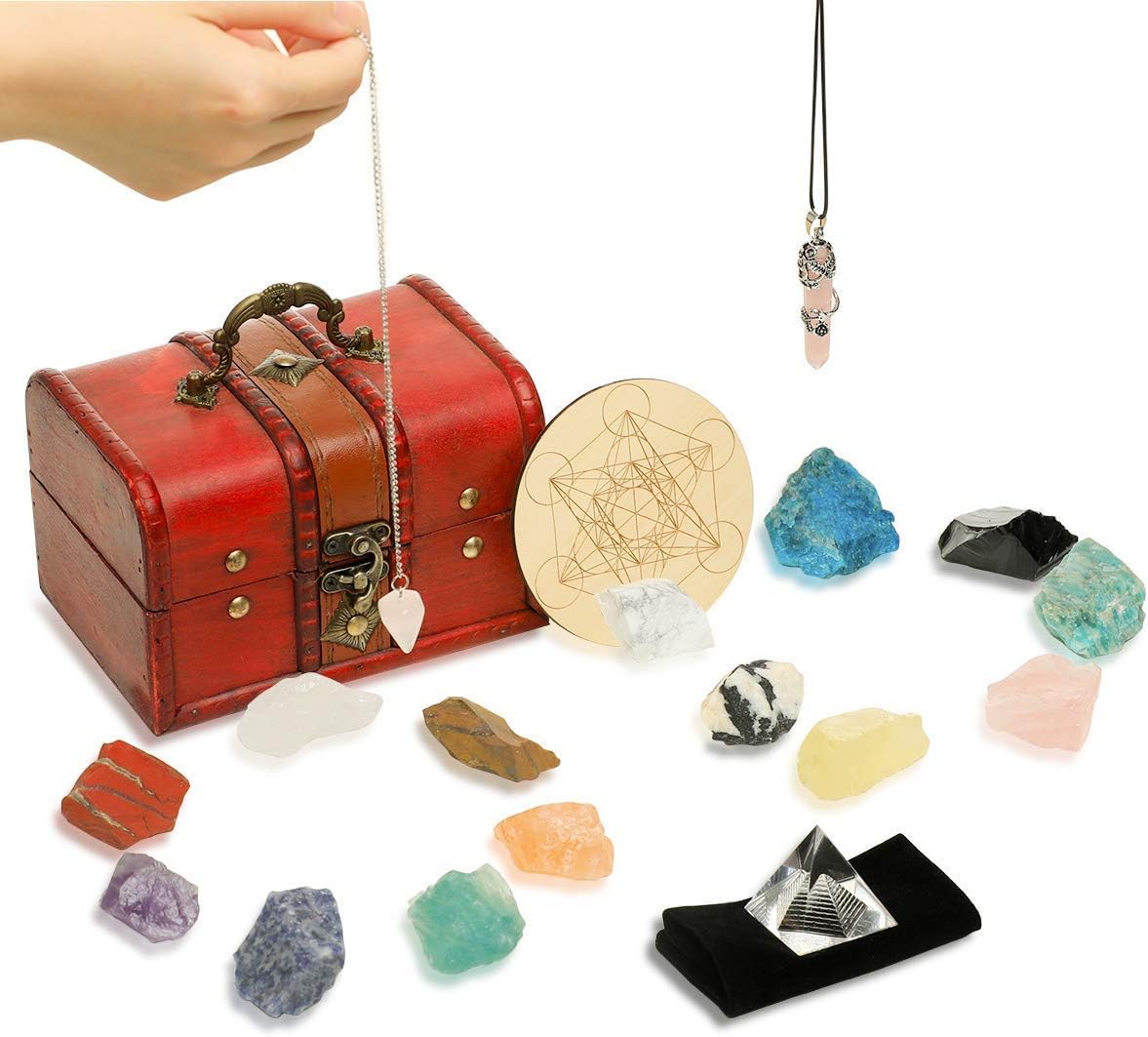 Soulnioi 18Pcs Crystals and Healing Stones Set (14 Therapy Chakra Stones, Natural Quartz Pendulum, Spiritual Crystal Necklace) + Gift Wooden Box, for Meditation, Yoga, Collection, Girlfriend, Lady: Health & Personal Care