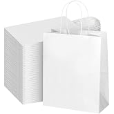 bagmad 100Pcs Pack 8x4.75x10 inch Medium White Kraft Paper Bags with Handles Bulk, Gift Bags, Craft Grocery Shopping Retail Birthday Party Favors Wedding Sacks Restaurant Takeout, Business (100)