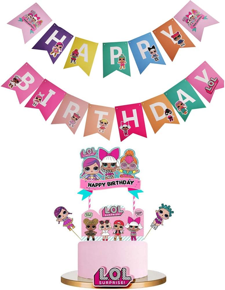 LOL Cake Topper and Cake Topper, Happy Birthday Cake Topper, Pink Cake Decorations for Baby Theme Party (2 Pack)
