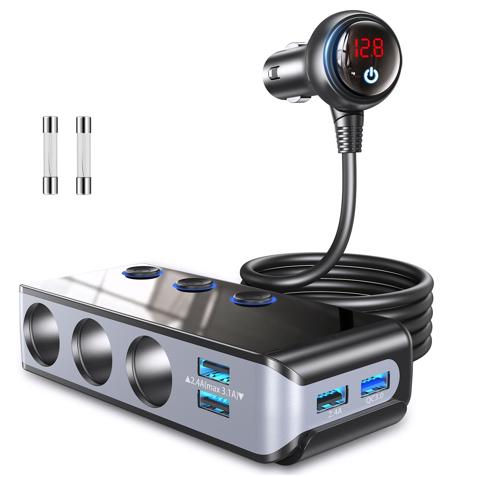 CHGeek [Upgraded Version] QUICK CHARGE 3.0 Cigarette Lighter Adapter, 120W 12V/24V 3-Socket Car Power DC Outlet Splitter with 8.5A 4 USB Charging Ports & LED Voltmeter Power Switch Car Charger-Grey